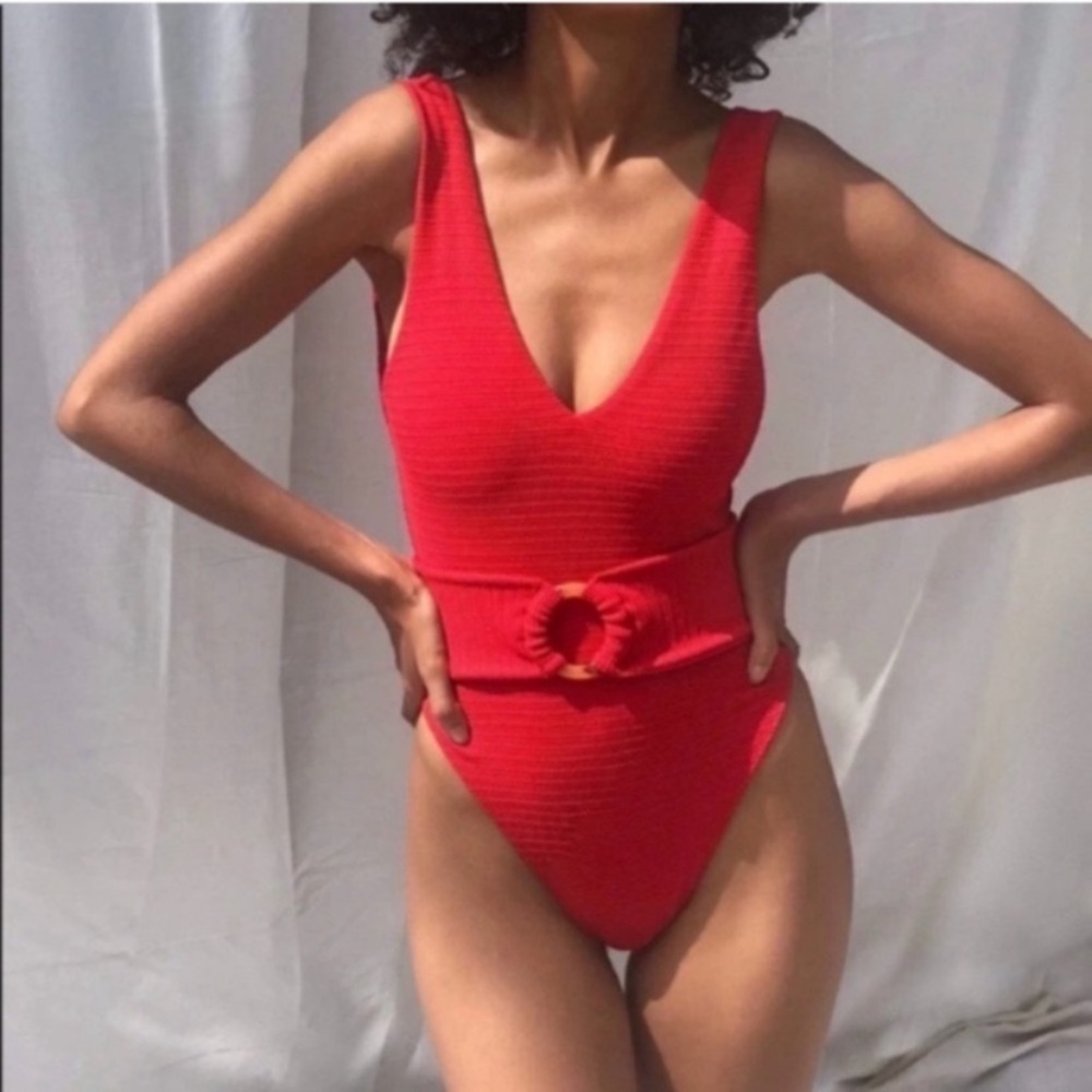 New! Montce Kim flawed NO BELT micro scrunch one piece swimsuit red 38203
